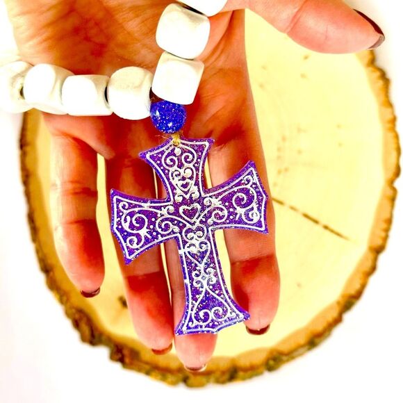 NWOT HANDMADE Cross Rosary (Purple and White) - Picture 4 of 4